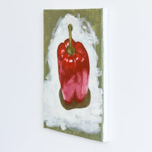 Load image into Gallery viewer, A side view of an oil painting of a bright, four lobed red pepper. The pepper is vibrant with a tall green stem. The pepper is surrounded by strokes of white paint, on top of a sage green background. The edges of the canvas are not painted.
