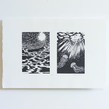 Load image into Gallery viewer, A black and white linocut diptych print. There are two images, the first of a boat sitting on the water at nighttime, reflecting the light of the moon. The second is of the light illuminating two jellyfish underneath the water.
