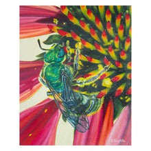 Load image into Gallery viewer, A painting of a green sweat bee sitting on a red echinacea flower. The bee is an iridescent green with a striped black and yellow abdomen. It is covered in bright yellow pollen. The echinacea has yellow and dark red spikes protruding from its center.
