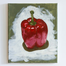 Load image into Gallery viewer, An oil painting of a bright, four lobed red pepper. The pepper is vibrant and takes up most of the canvas, with a tall green stem. The pepper is surrounded by strokes of white paint, on top of a sage green background.
