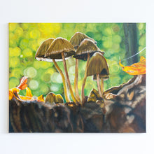 Load image into Gallery viewer, A large oil painting of five brown mushrooms on a bright green background. The mushrooms fill up most of the canvas and appear towering. They are surrounded on the bottom by dirt and autumn leaves. The background is circles of blurry bright green.
