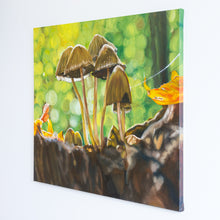 Load image into Gallery viewer, A side view of a large oil painting of brown mushrooms on a bright green background. The mushrooms are surrounded by dirt and autumn leaves. The background is circles of blurry green. The edges of the canvas are painted to match the image on the front.
