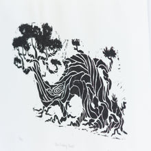 Load image into Gallery viewer, A side view of a small, black and white linocut print of a twisted and entangled tree. The tree slopes to the left, and appears to be lively and moving. The print takes up a majority of the paper. It is numbered, titled, and signed underneath the print.
