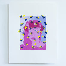 Load image into Gallery viewer, A 6 colour screenprint of a woman’s face surrounded by buzzing bees. The woman is printed in shades of pink and is wearing a flower crown. There are dozens of navy blue and yellow bees flying around her face, some extending outside the frame of the image.
