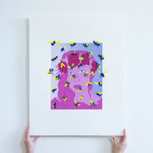 Load image into Gallery viewer, Two hands holding a screenprint of a woman’s face surrounded by buzzing bees. The woman is printed in shades of pink and is wearing a flower crown. Dozens of navy blue and yellow bees fly around her face, some extending outside the frame of the image.
