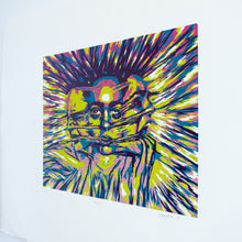 Load image into Gallery viewer, A side, angled view of a woodblock print of 3 faces. The faces are made up of the colours purple, blue, green, and pink. They are attached together with stretched out strands. Chaotic lines extend from the faces to the outside of the image.
